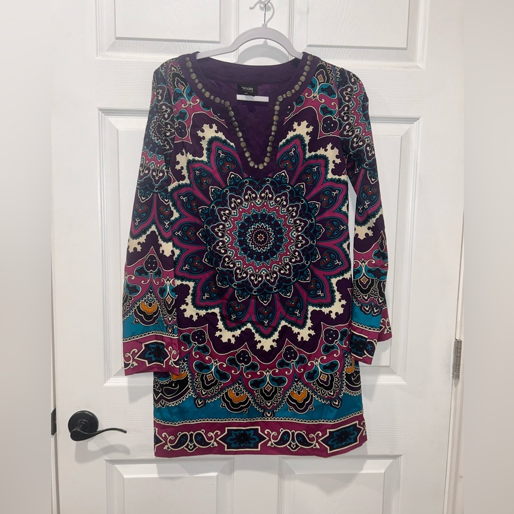Nicole Miller Women Geometric Paisley Printed stud boho shift dress size 4